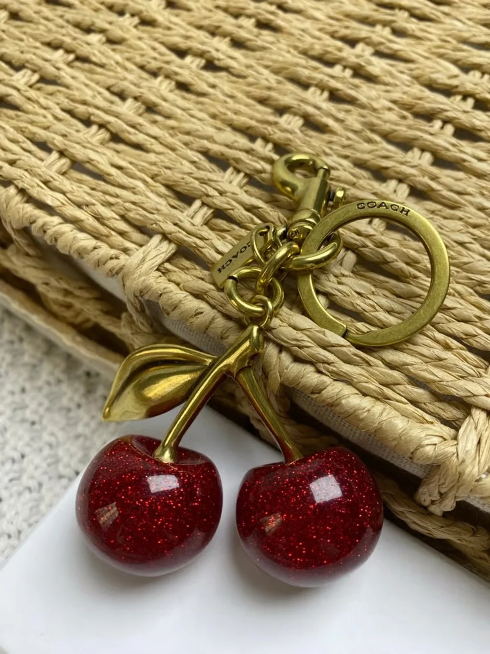 Coach Red Glitter Cherry Keychain with Gold Hardware